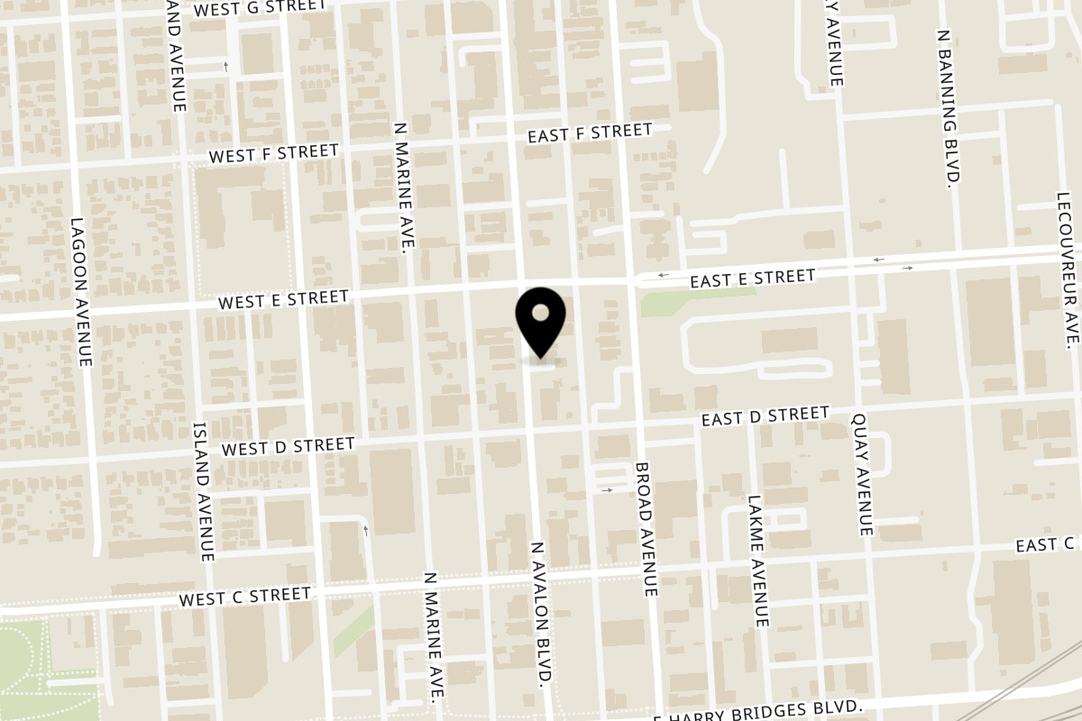 Map showing the location of L.A. Waterfront Pizza on 422 1/2 N Avalon Blvd in Wilmington